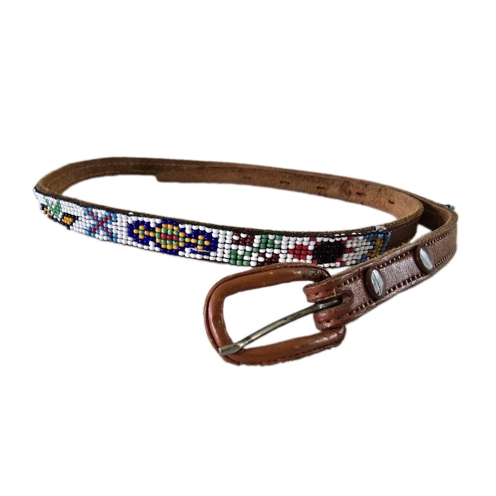 Womens Vintage Native American Beaded Skinny Belt Thunderbird Leather